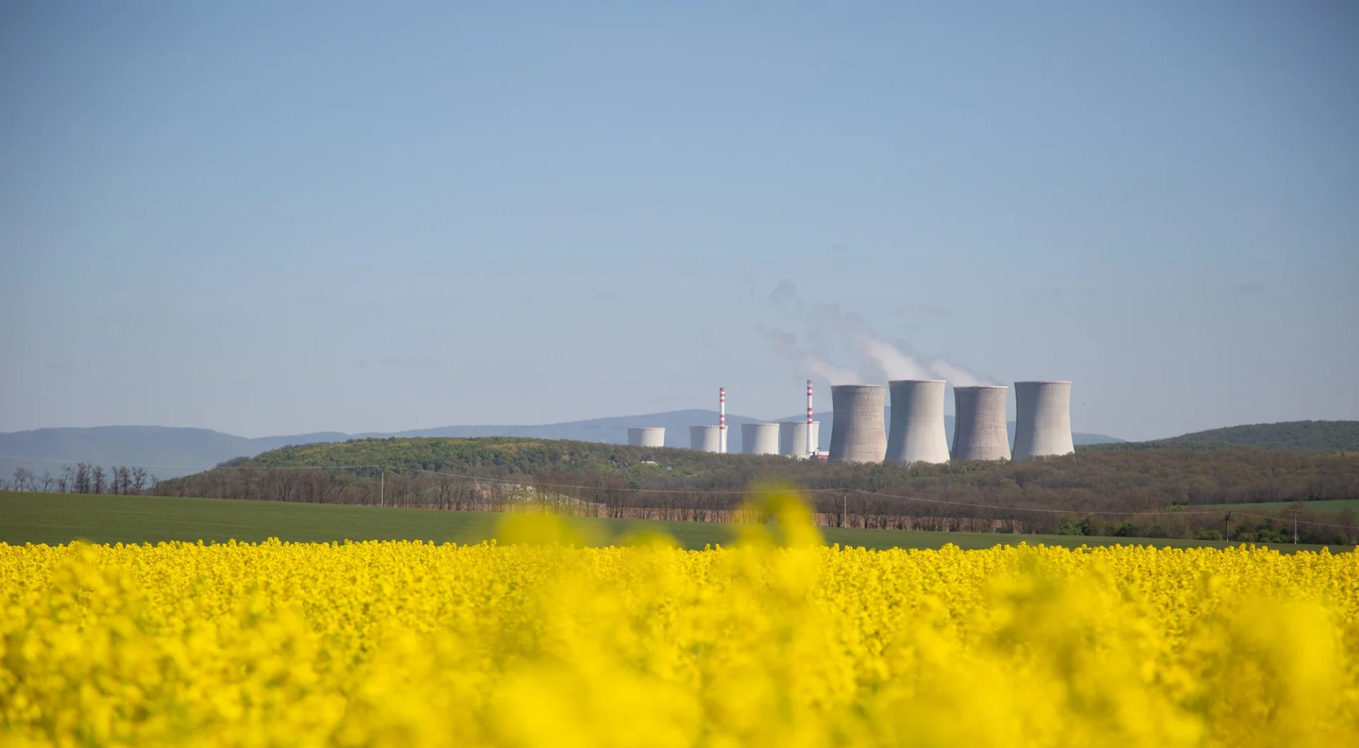 Projektové činnosti 2 nuclear thermal power plant chimneys with field yellow rapeseed front them